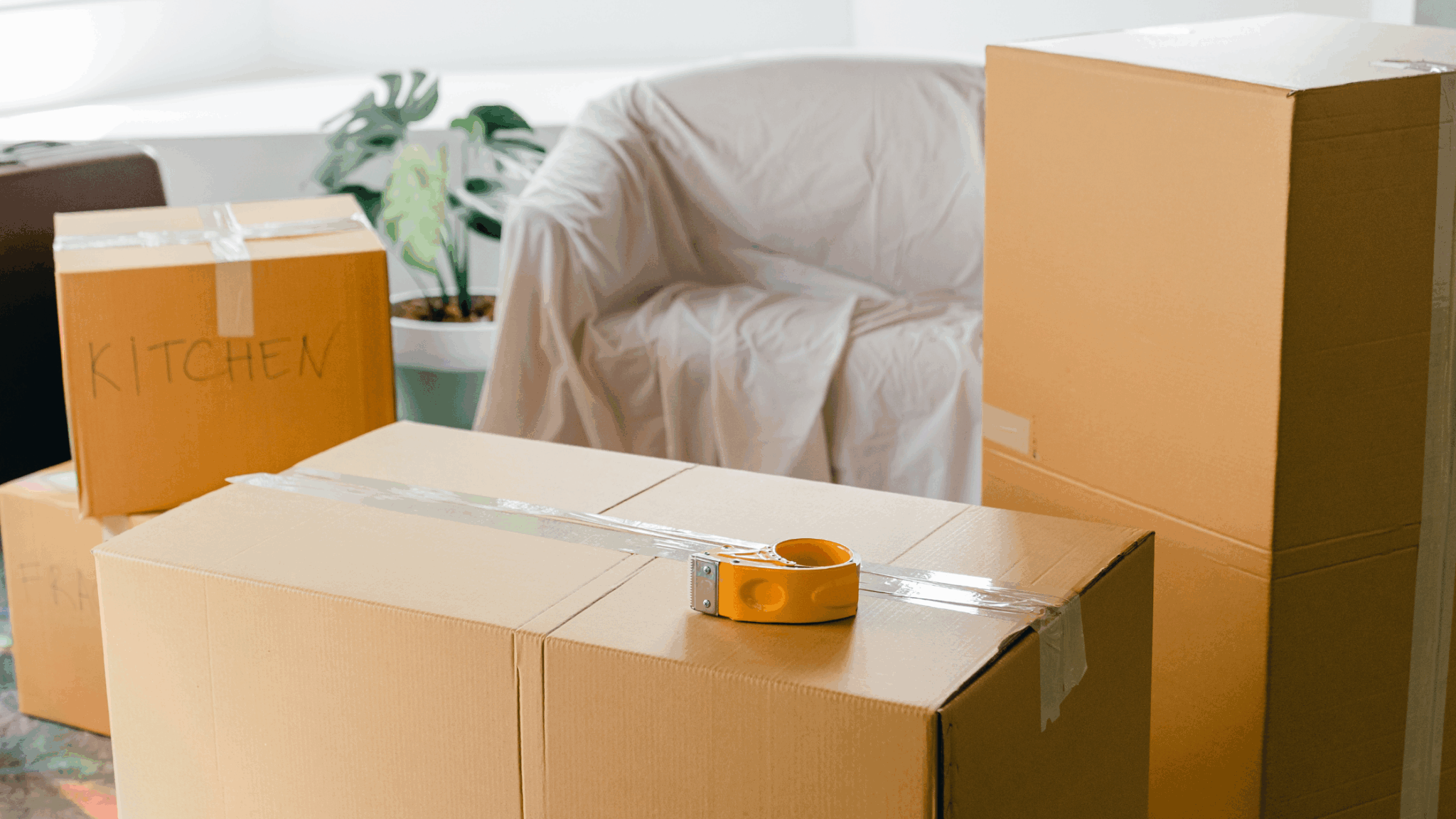 A close up shot of moving boxes with sofa and plant in background and texrt overlay 'Holding it all together, during big life shifts'.